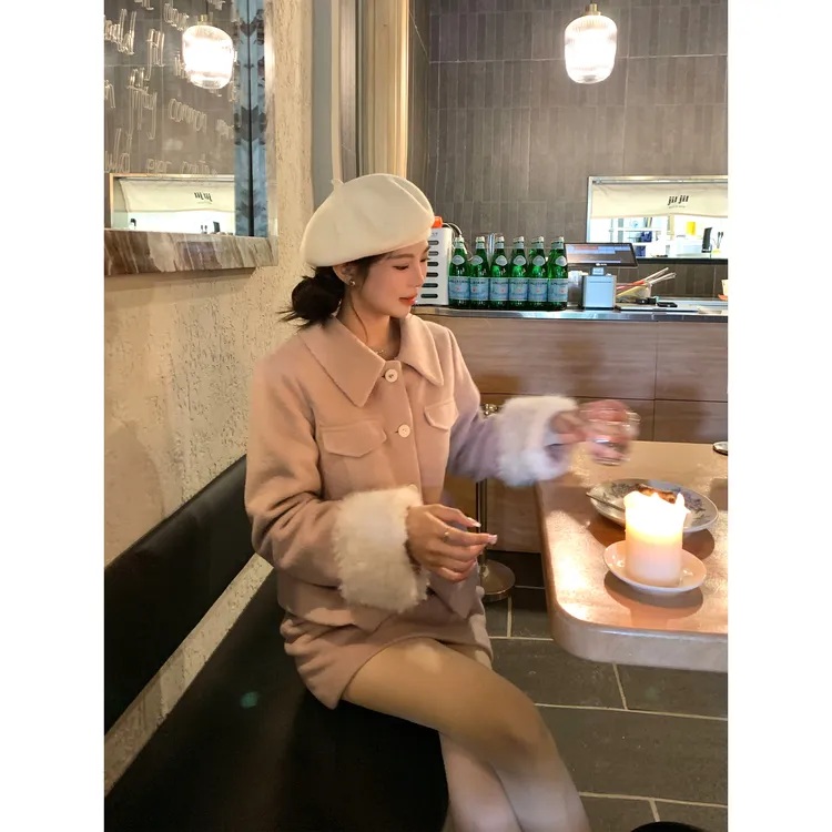 切糕自制【粉雾绮梦】小个子冬洋气晚宴毛毛可拆卸绵羊毛气质套装女