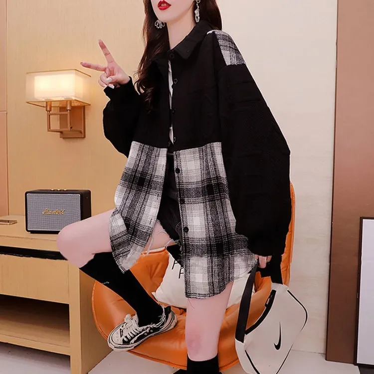 设计感小众提花拼接衬衣女秋冬季薄款加绒开衫外套女休闲百搭洋气