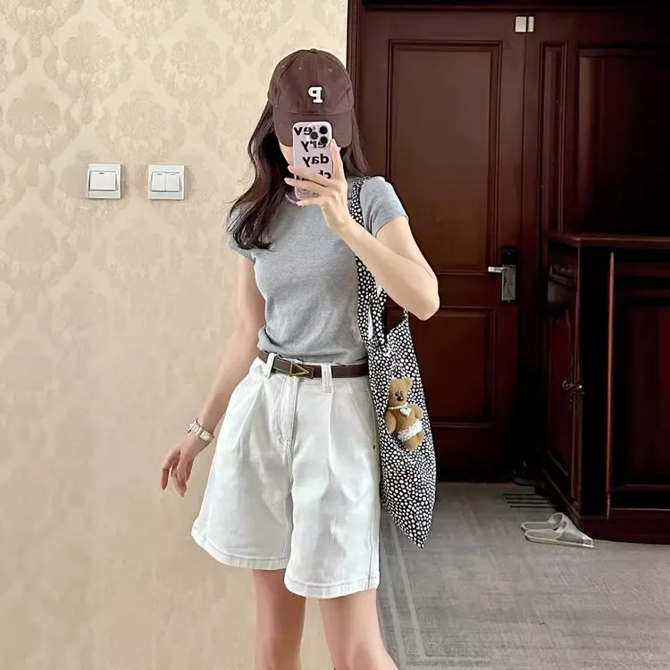白色高腰阔腿牛仔短裤女夏季窄版小个子直筒中裤做旧显瘦五分裤子