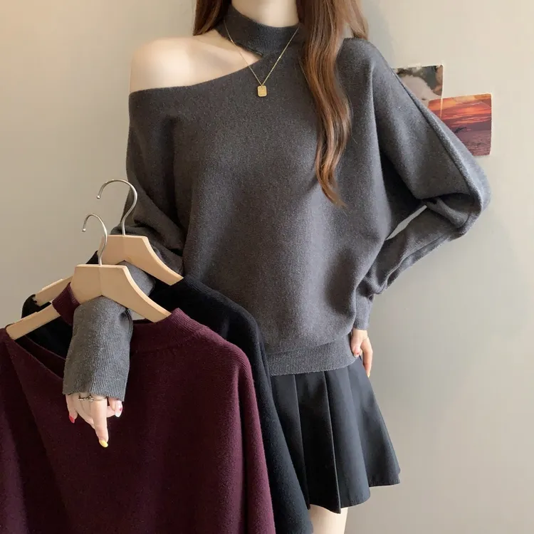 2025秋冬大码胖mm设计感挂脖镂空露肩针织衫设计感打底毛衣