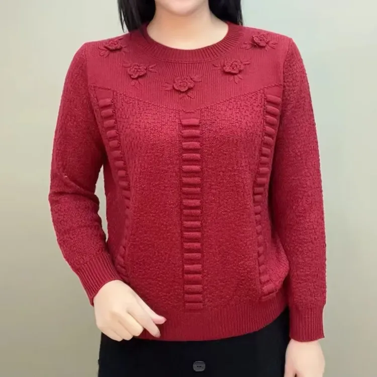 2025春季新款时尚洋气五朵小花提花针织衫气质妈妈宽松显瘦毛衣女