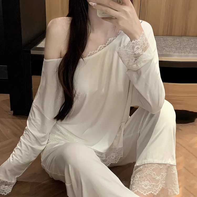 法式莫代尔睡衣女春秋套头长袖长裤露肩温柔蕾丝纯欲风家居服套装