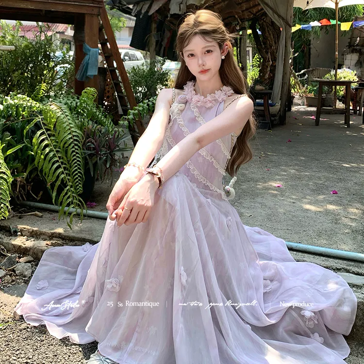 紫色长款挂脖吊带连衣裙女夏季法式复古修身显瘦气质裙子公主少女