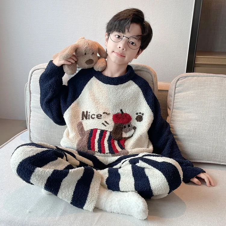 儿童装男童睡衣秋冬款加绒冬季加厚男孩家居服珊瑚绒法兰绒中大童