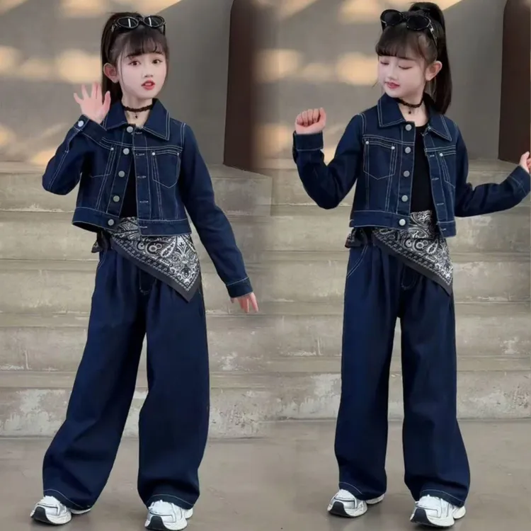 女童春款牛仔套装2025新款时髦洋气韩版牛仔阔腿裤中大童两件套