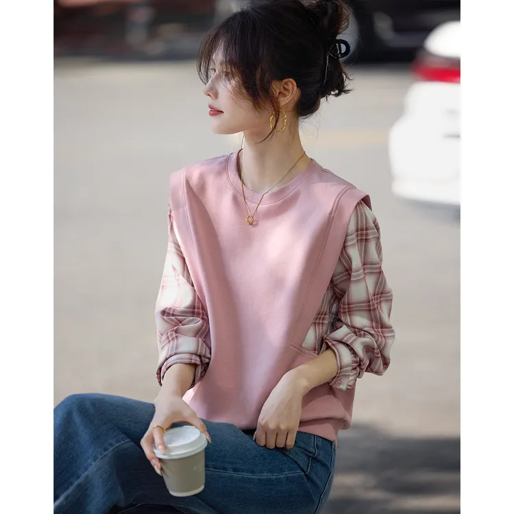 小个子甜美假两件圆领长袖卫衣女春夏新款格纹拼接减龄显瘦上衣