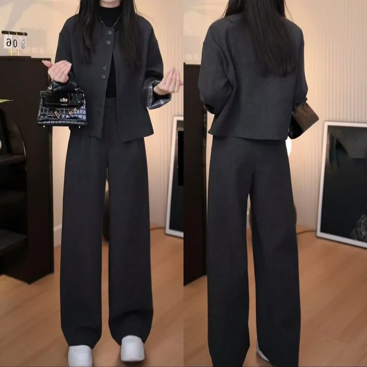 2025秋冬新款时尚韩版原宿风套装女洋气开衫外套休闲阔腿裤两件套