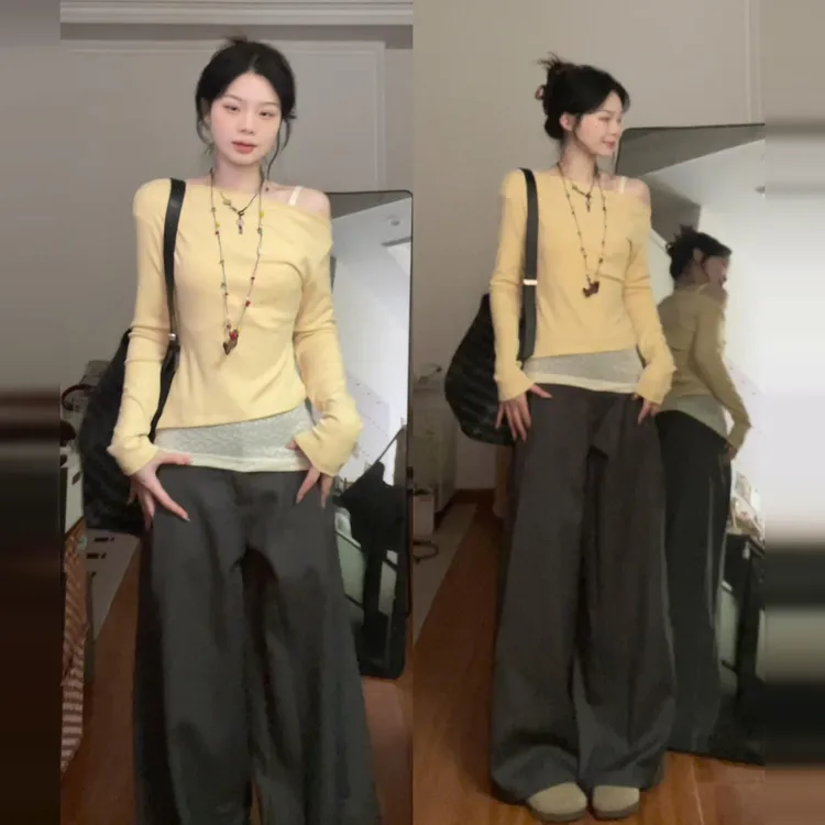 2025年新款甜美风修身显瘦长袖上衣温柔设计感蕾丝拼接收腰T恤女