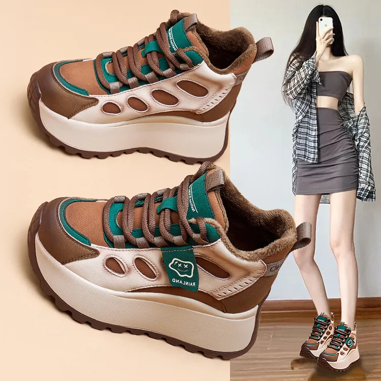 【增高8CM】真皮老爹鞋休闲鞋女秋冬季新款厚底韩版百搭复古女鞋潮