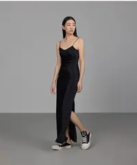 100%醋酸缎纹绉垂坠显瘦立体分割U领吊带裙连衣裙超长