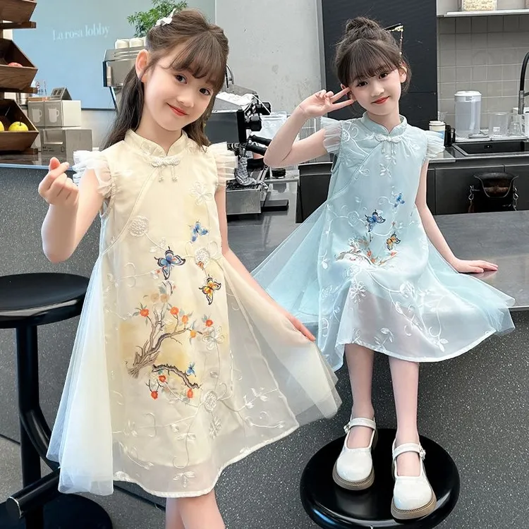 【现货清】女童夏季新款旗袍裙中国风女宝宝印花雪纺新中式连衣裙