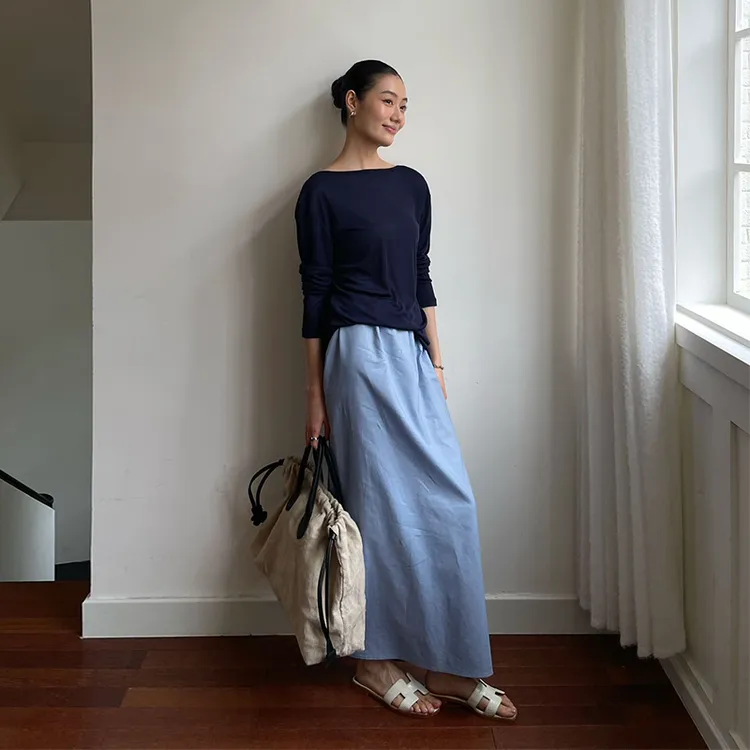 PURITY YH小众简约蓝色休闲半身裙夏季遮胯后开叉显瘦百搭长裙