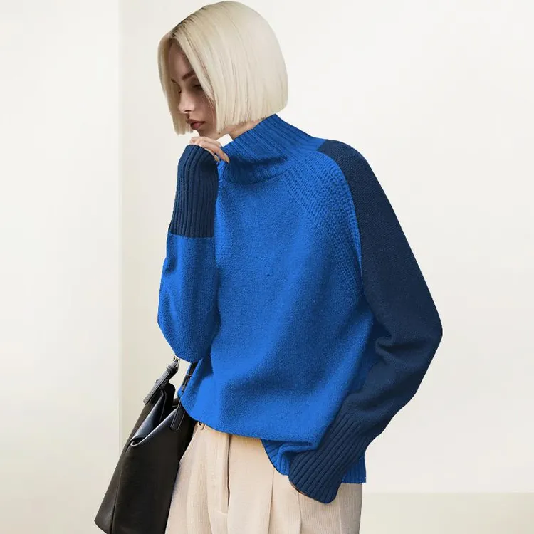 半高领撞色毛衣女2025秋冬装新款宽松套头加厚长袖针织拼接打底衫