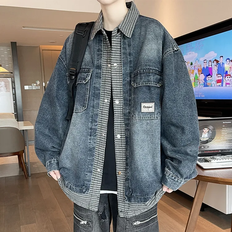 假两件牛仔外套男秋季2025年美式工装衬衫领夹克男宽松休闲上衣服
