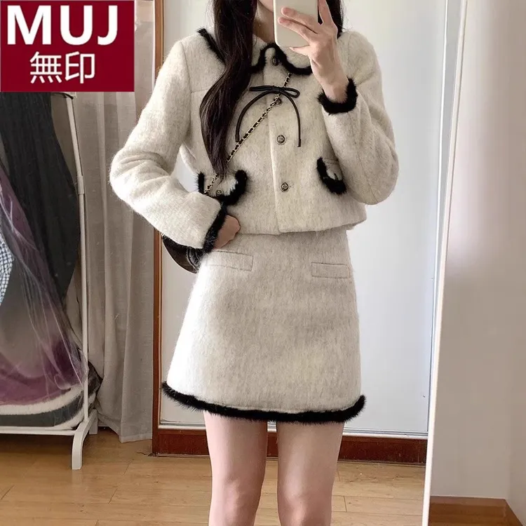 日本无印今年流行漂亮套装裙撞色毛呢外套半身裙两件套深冬装搭配