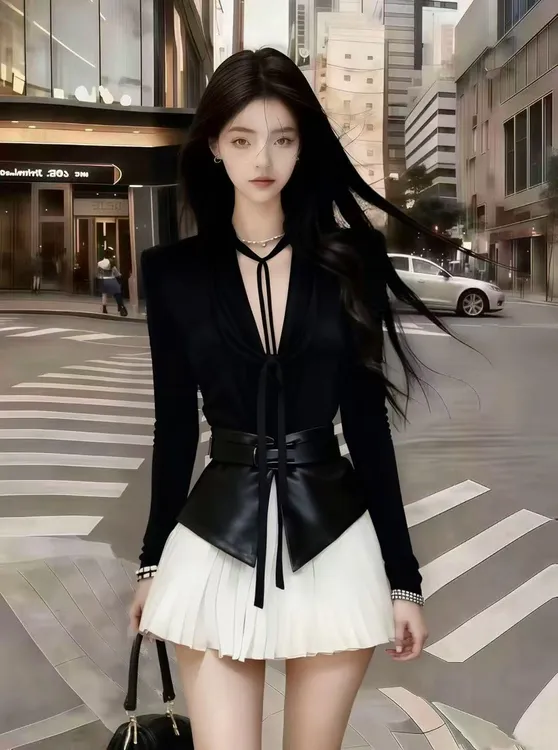 秋季新款日常通勤黑色V领长袖修身系带上衣+白色百褶半身裙两件套