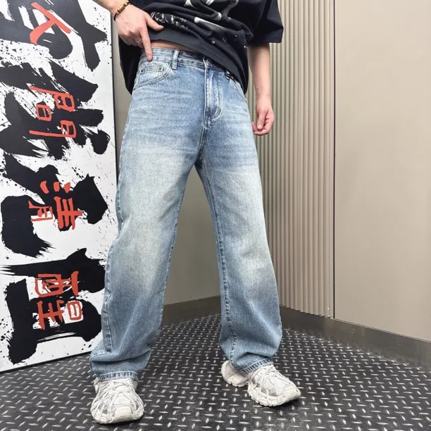秋冬新款美式做旧水洗宽松阔腿百搭时尚潮流男牛仔裤001