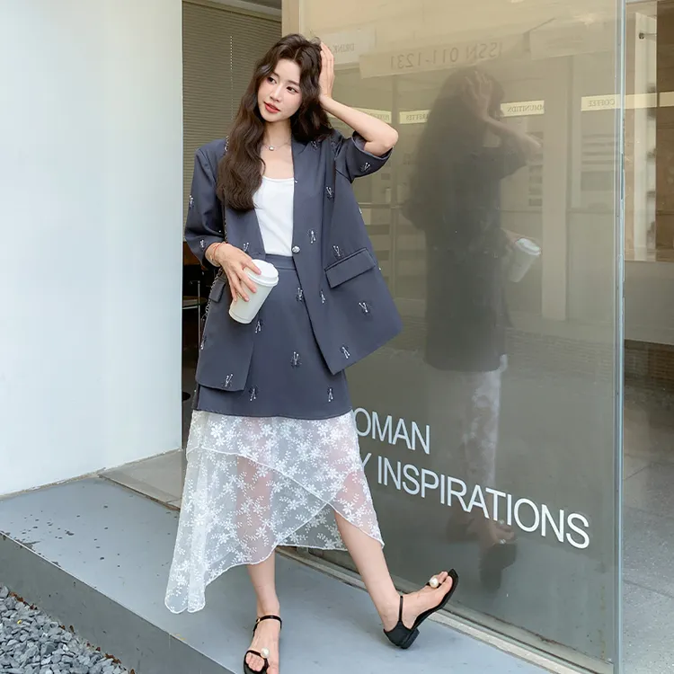 别致设计感小众套装裙女2025年夏季新款刺绣西装上衣半身裙两件套
