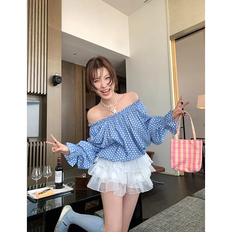 一字肩波点长袖上衣女2025春季新款高腰蓬蓬休闲短裙半身裙两件套