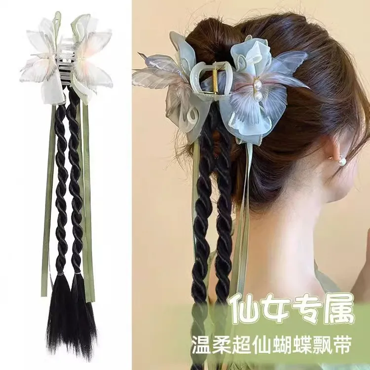  蝴蝶飘带仿真假发辫抓夹气质高端长辫可爱拳击麻花辫女发夹头饰