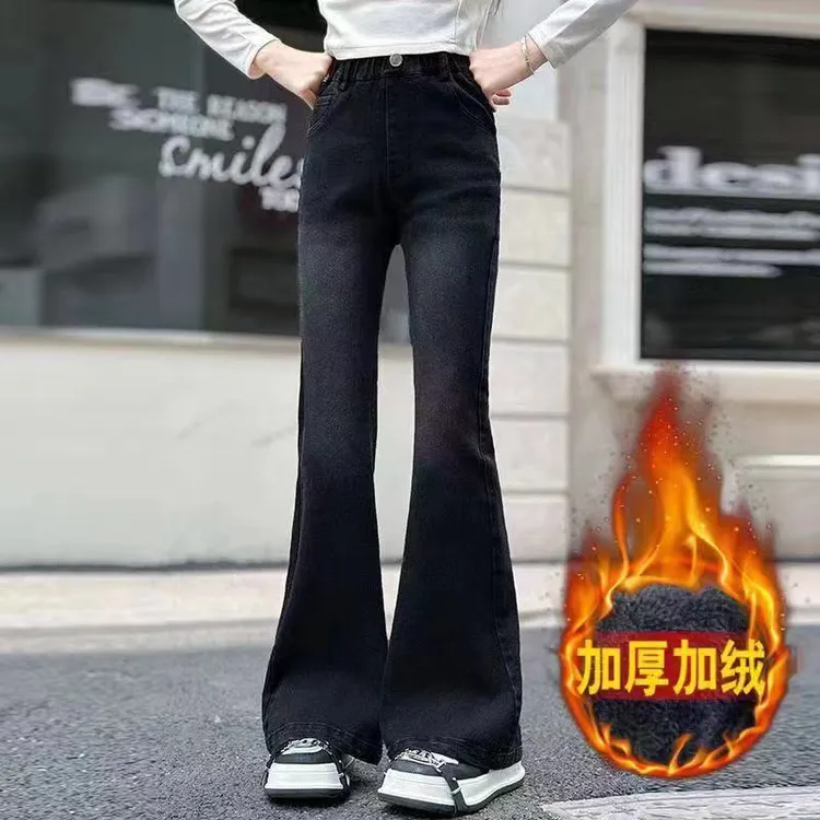 女童加绒加厚牛仔裤冬天新款弹力黑色女童喇叭裤一体绒中大童裤子