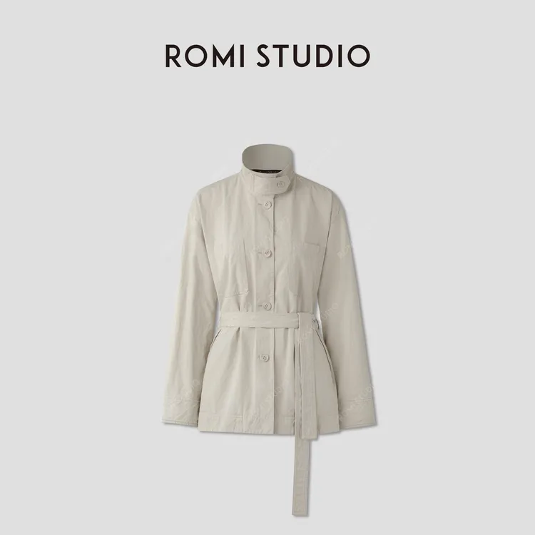 ROMI STUDIO“老钱气场”棉麻混纺纵横肌理立领风衣外套 RWCAWG4593