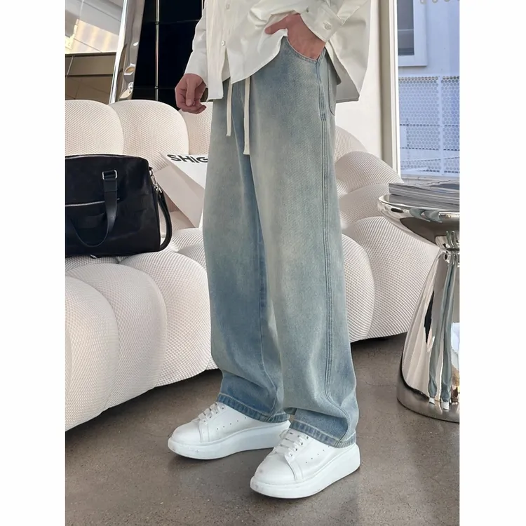 【时尚】夏季薄牛仔裤男女款休闲百搭宽松浅色复古垂感直筒裤男