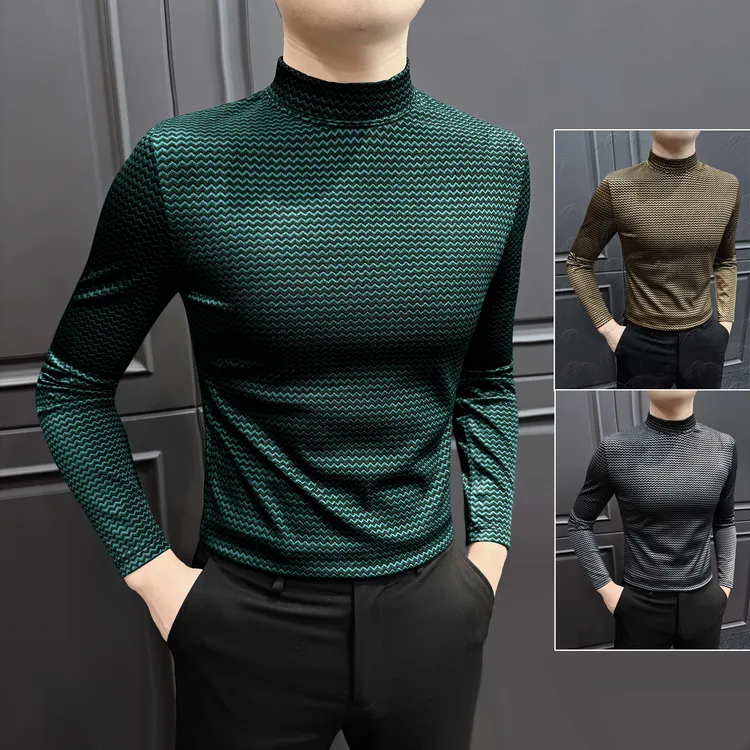 波浪条纹半高领长袖t恤男款秋季爆款2025新款痞帅内搭打底衫男士