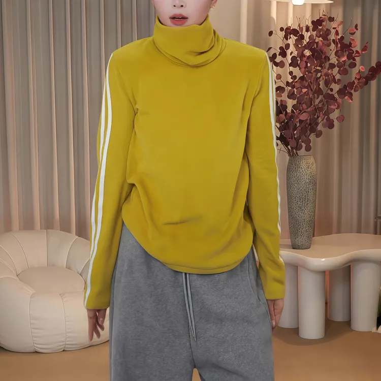 秋季双面绒保暖堆堆领打底衫女士2025新款休闲百搭双条杠长袖上衣