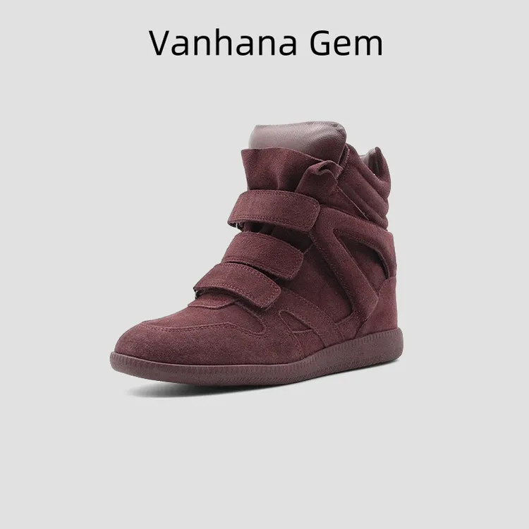 VANHANA GEM欧货新款磨砂真皮内增高女鞋欧洲站时尚魔术贴高帮鞋