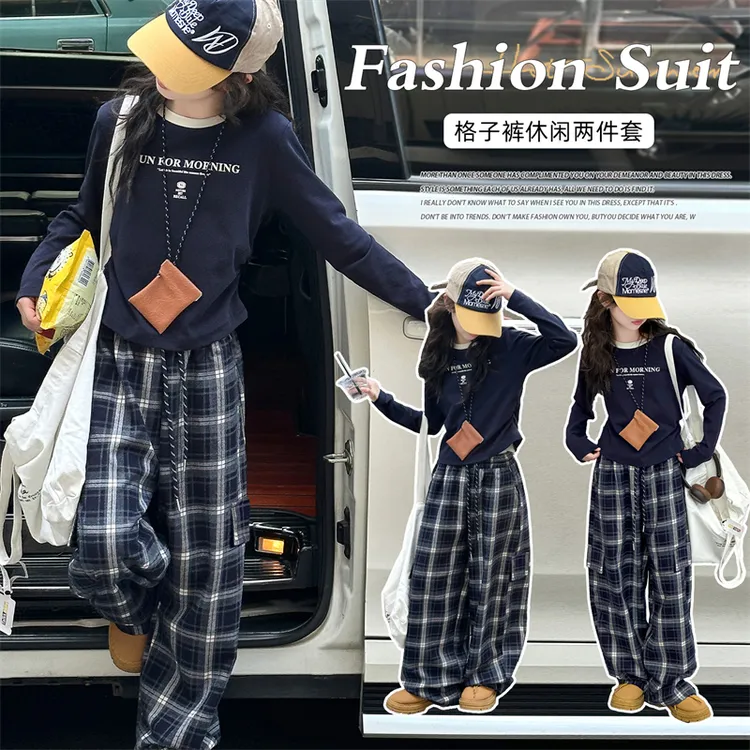 女童装儿童套装春秋季中大童韩版休闲T恤时髦格子裤新款甜美套装