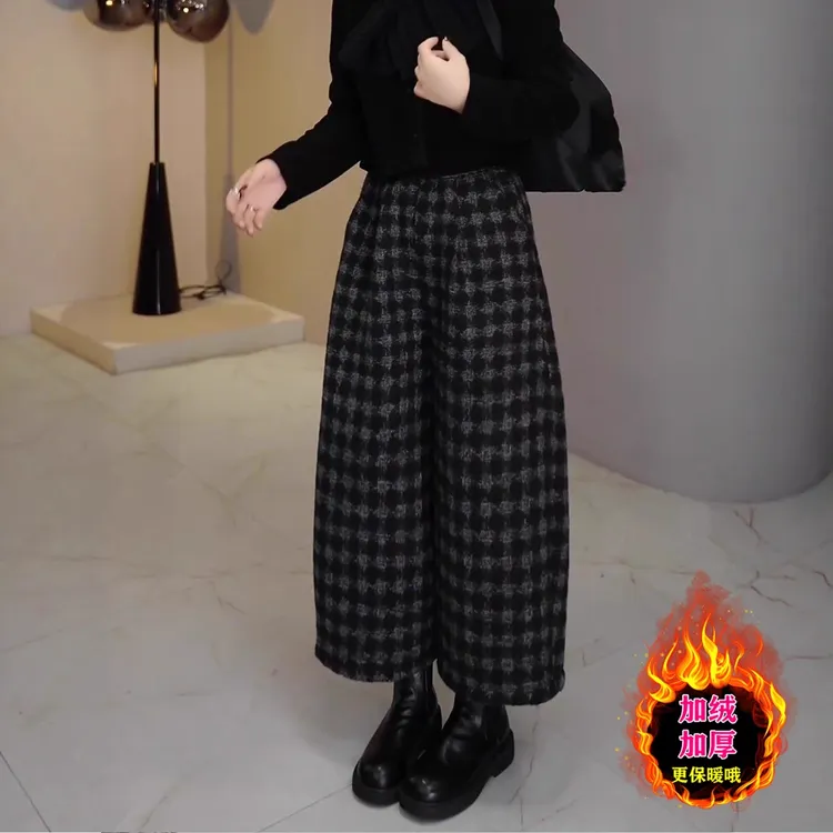 加绒加厚保暖阔腿休闲裤女2025新款秋冬季大码复古宽松显瘦毛呢裤