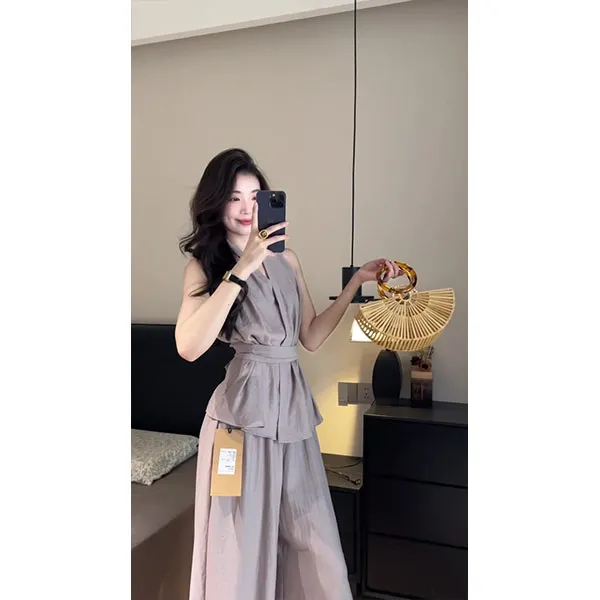 老钱风时尚套装夏季无袖绑带背心衬衫高腰阔腿休闲裤两件套