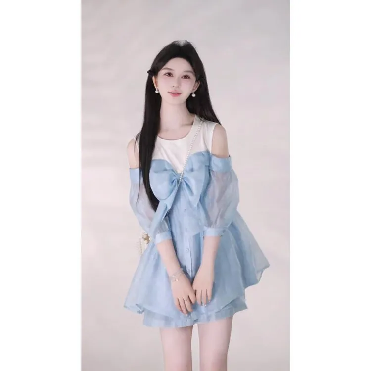 休闲时尚短裤套装女夏季穿搭一整套高级感减龄蓝色露肩上衣两件套