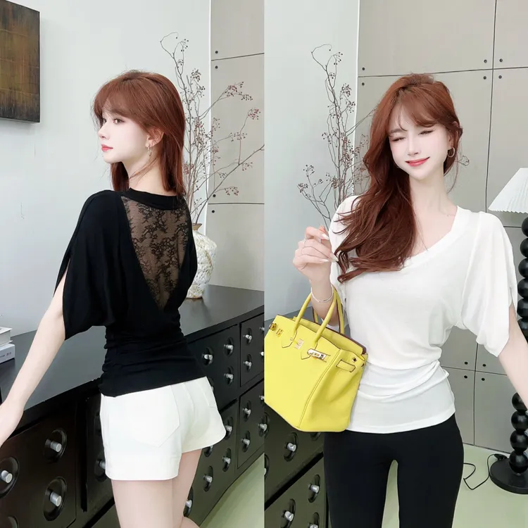 【季风氧感】露背蕾丝设计感正肩短袖T恤女独特好看甜辣风上衣8656