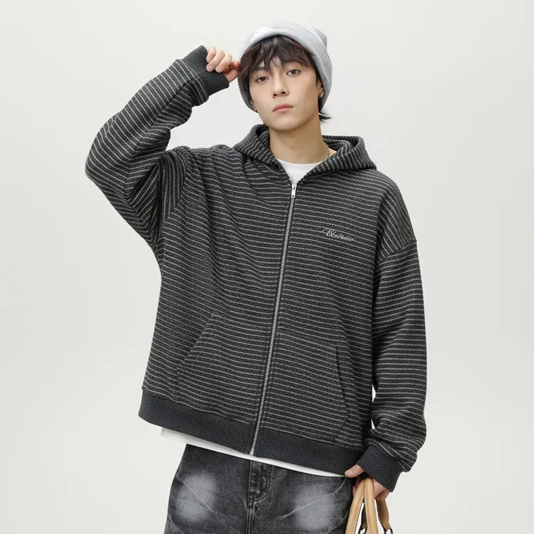 美式复古撞色条纹连帽开衫卫衣男秋冬款保暖加厚潮牌廓形拉链外套