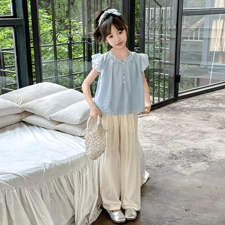 专柜女童套装新款夏装儿童休闲飞袖上衣大童宽松休闲山本裤两件套