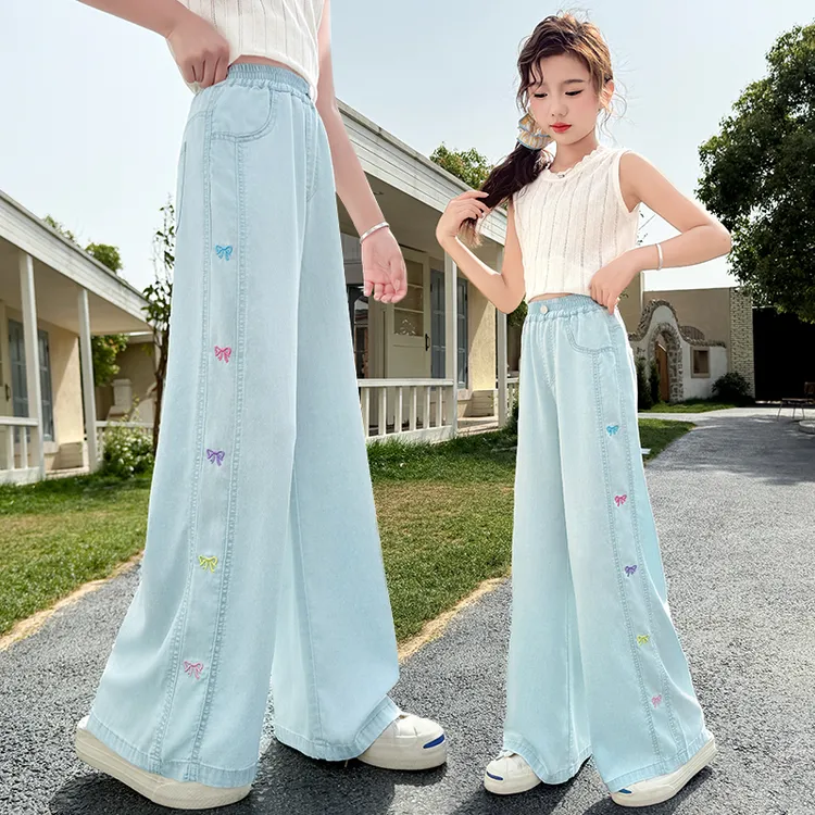 女童夏季蝴蝶结牛仔裤彩色刺绣天丝阔腿裤轻薄款中大童休闲防蚊裤