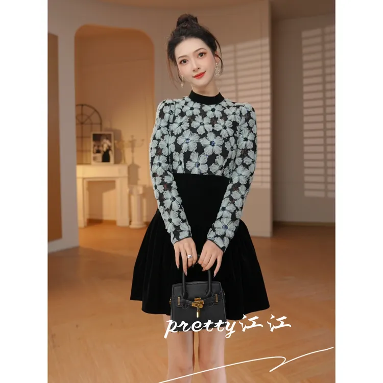 Pretty小众设计师品牌江江定制 拼接法式高腰修身显瘦连衣裙21900