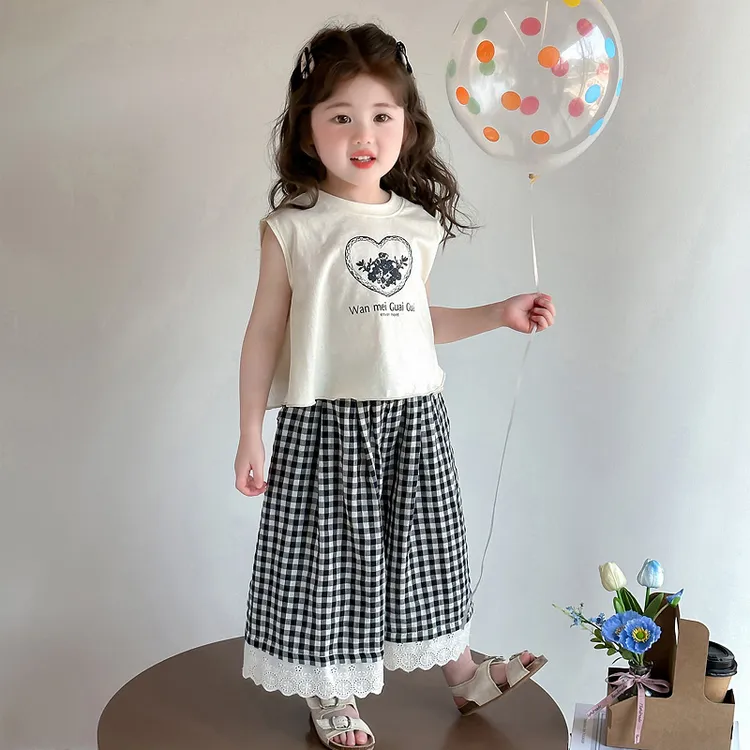 女童套装夏季2025新款儿童装洋气时髦女宝宝夏装薄款格子阔腿裤裤