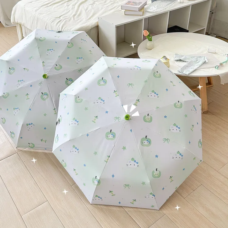御夏绿渐变苹果小猫雨伞晴雨两用防晒紫外线遮阳伞三折八骨自动伞