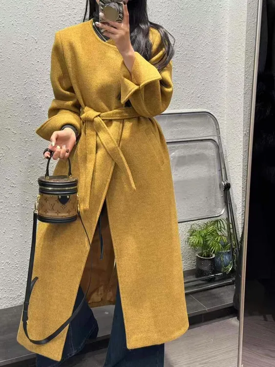2025新款法式高级感无领呢子大衣女加厚毛呢中长款外套