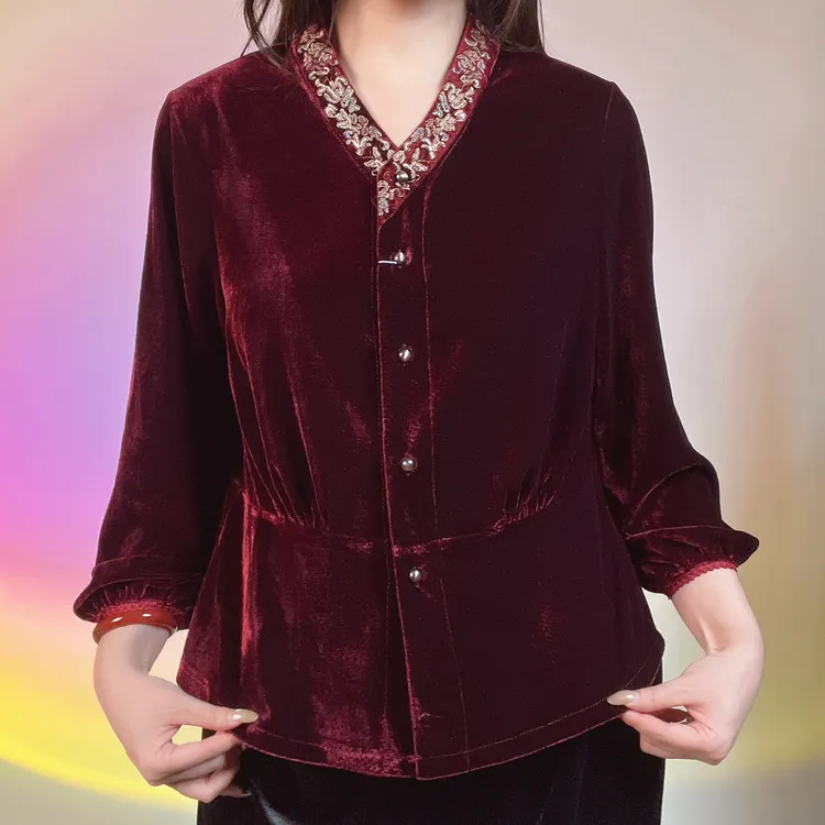 秋季新款丝绒中式V领长袖开衫洋气时尚上衣