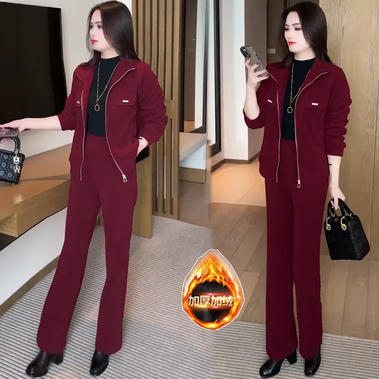 加绒加厚休闲套装女秋冬洋气保暖立领外套阔腿裤时尚显瘦两件套潮