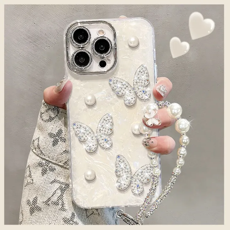 适用【苹果华为oppo小米vivo】珍珠蝴蝶精孔贝壳纹透明全包手机壳