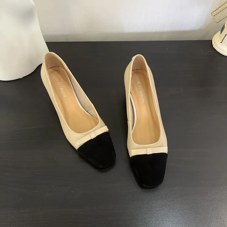 Nice/羊皮/2025粗跟方头拼色法式小香风春秋浅口单鞋9309