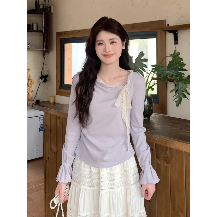 法式紫色温柔风斜肩长袖t恤女秋季短款修身蝴蝶结系带打底衫上衣
