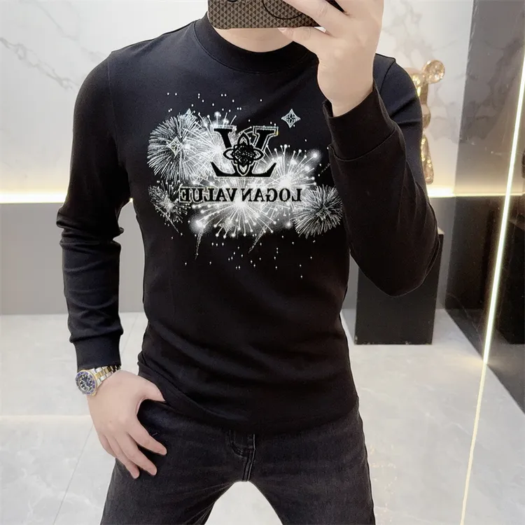 2025秋季新款潮流个性字母徽章烫钻圆领百搭打底衫休闲长袖T恤男