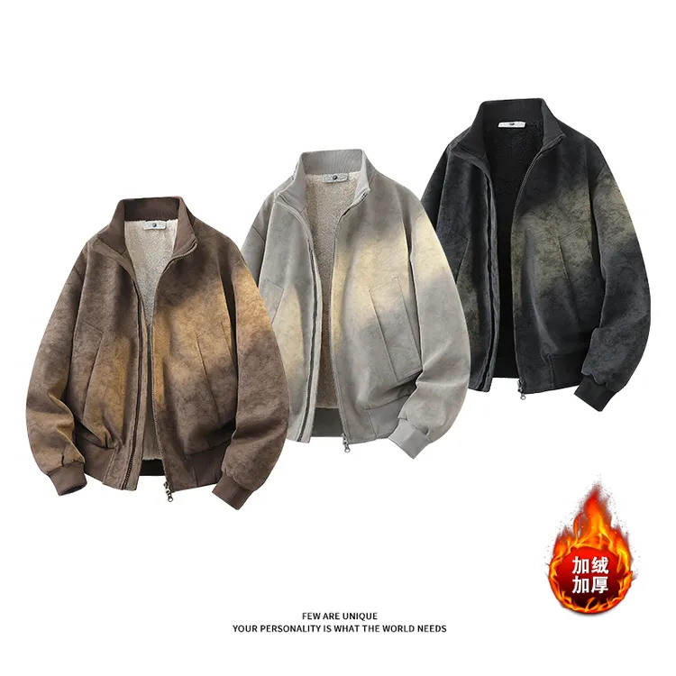 美式扎染pu皮衣棉服男款冬季加绒加厚保暖立领防寒机车服棉衣外套