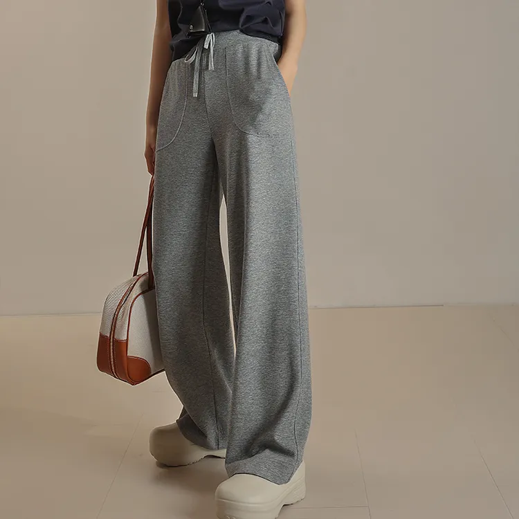 春秋女高腰宽腰抽绳宽松阔腿直筒针织裤休闲百搭垂感微拖地MD4076